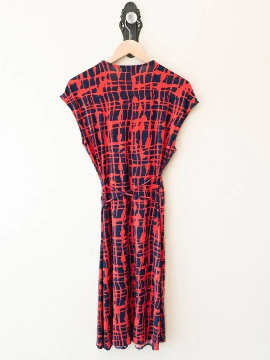 Michael Kors Wrap Dress M Red Blue Abstract Print Knee Length Tie Waist Stretch - Picture 8 of 11